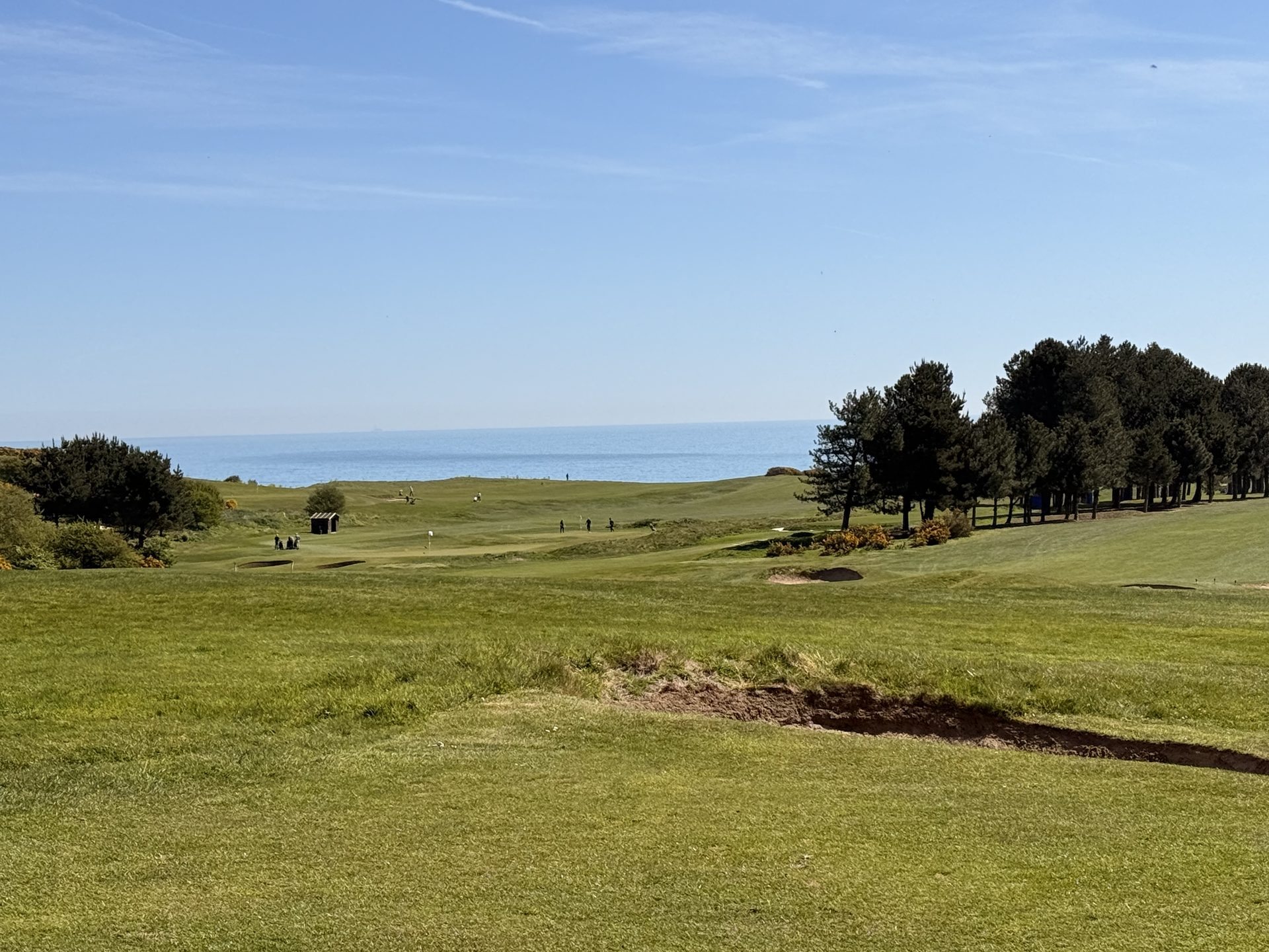 Royal Cromer — summer course with golfers and sea horizon